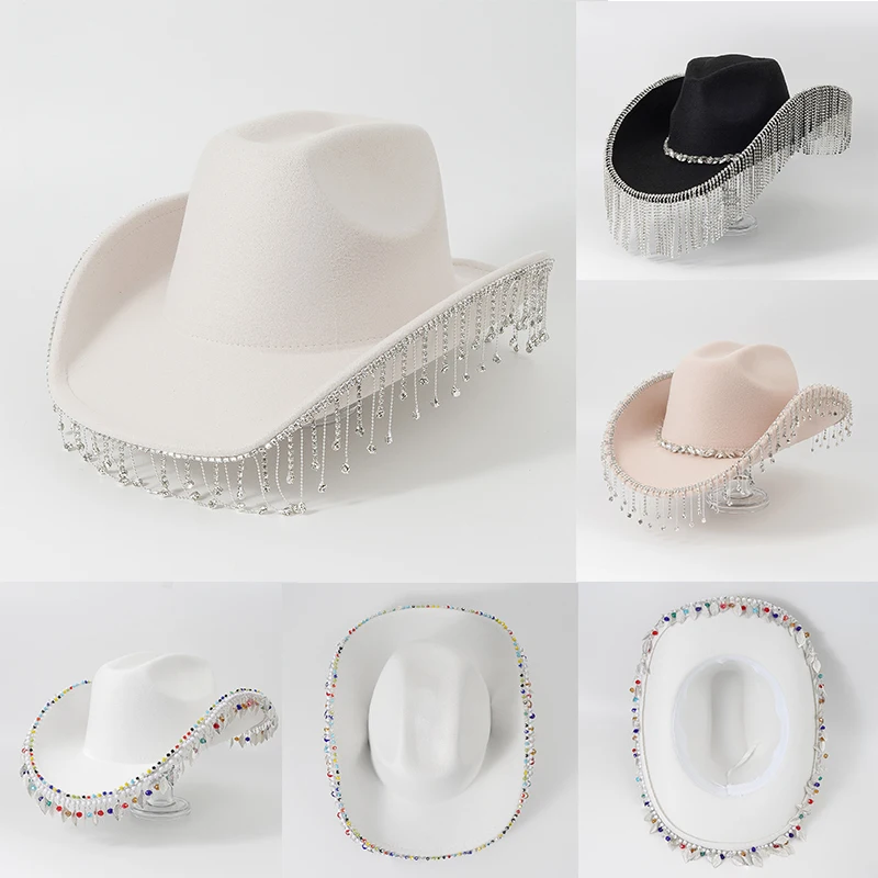 Cowboy Hat with Rhinestone Fringe Wedding Party Hats for Women Men Fedoras hat Feather Letter Accessory Party Denim Hat