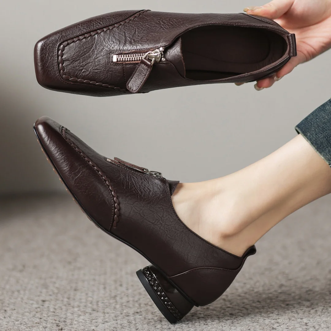 

Women's cow leather square toe front zip flats loafers 3cm round low heel casual female high quality soft comfortable daily shoe