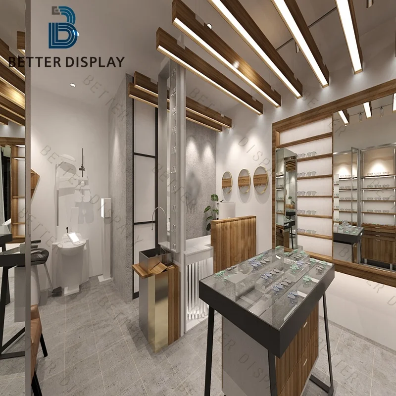 custom.Custom Optical Display Cabinet Wooden Frame with Glass Shelves and LED Light System Eyewear Showcase and Retail Store