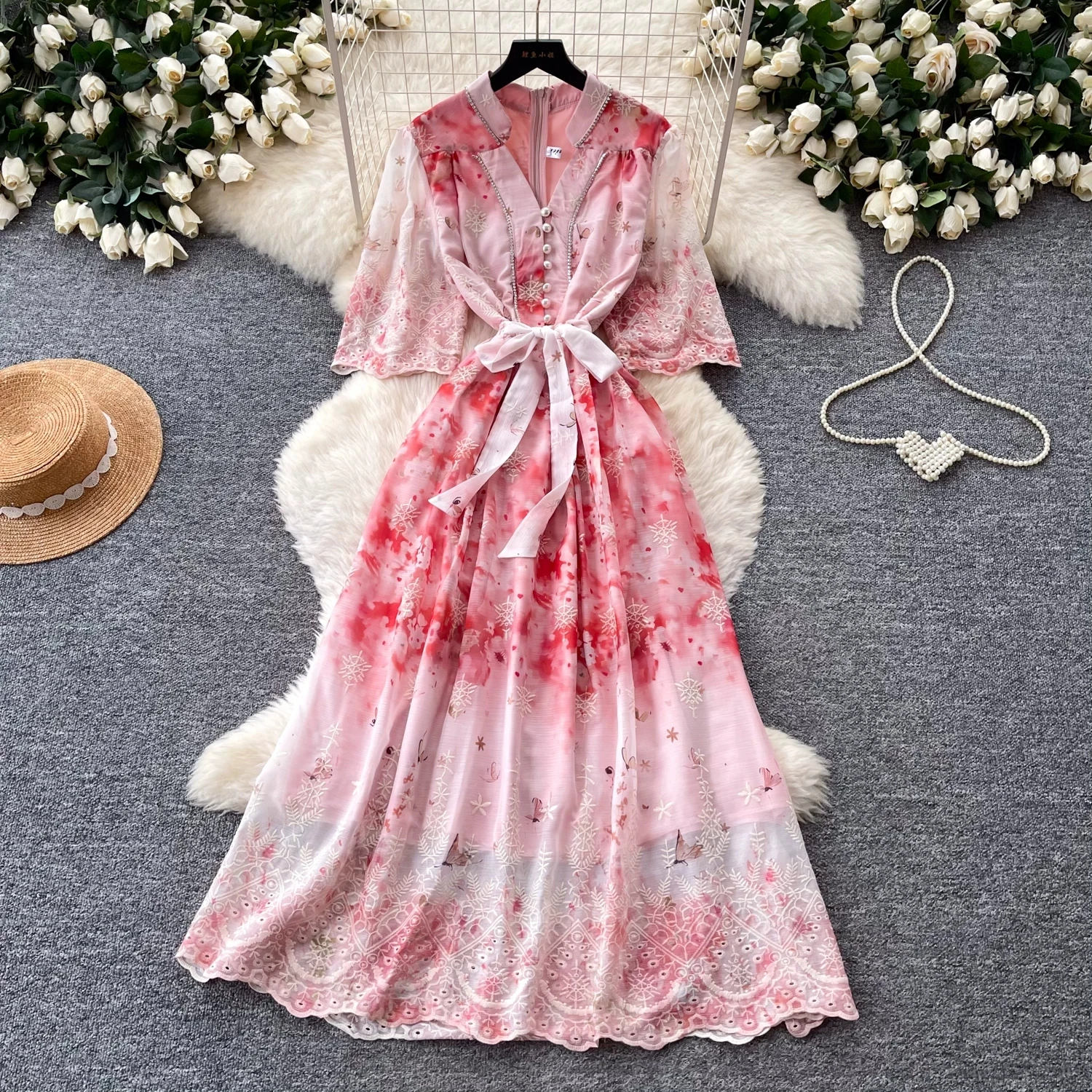 

Vintage Flower Embroidery Hollow Out Lace Long Dress Women's Bead V-Neck Lantern Sleeve Pearls Buttons Lace Up Party Vestidos