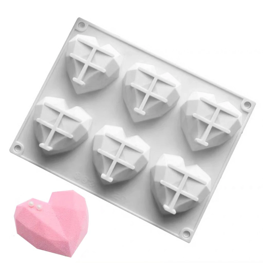 3D 6 Cavity Diamond Love Silicone Cake Moulds Heart Fondant Decoration Tools Chocolate Pastry Molds Kitchen Baking Accessory