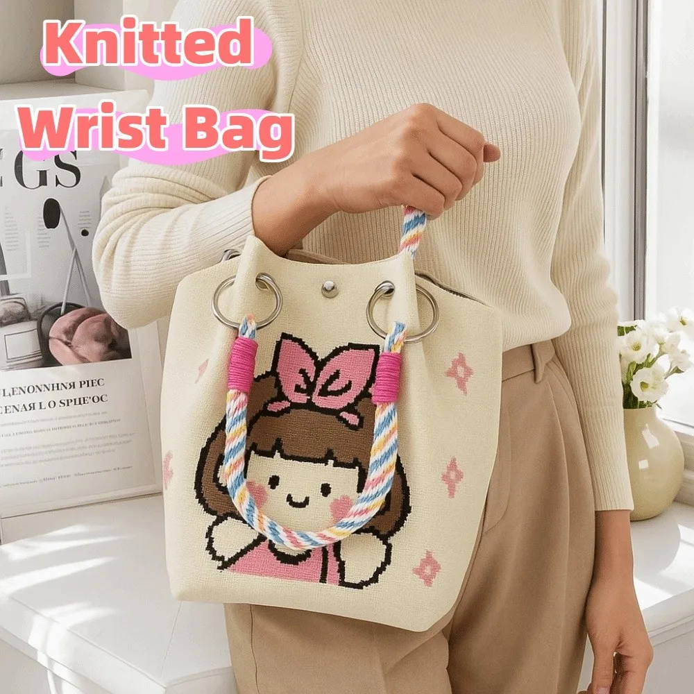 

Fashion Portable Knitted Wrist Bag Printed Butterfly Floral Knit Handbag Trendy Purse Weave Bucket Bag Shopping Bag