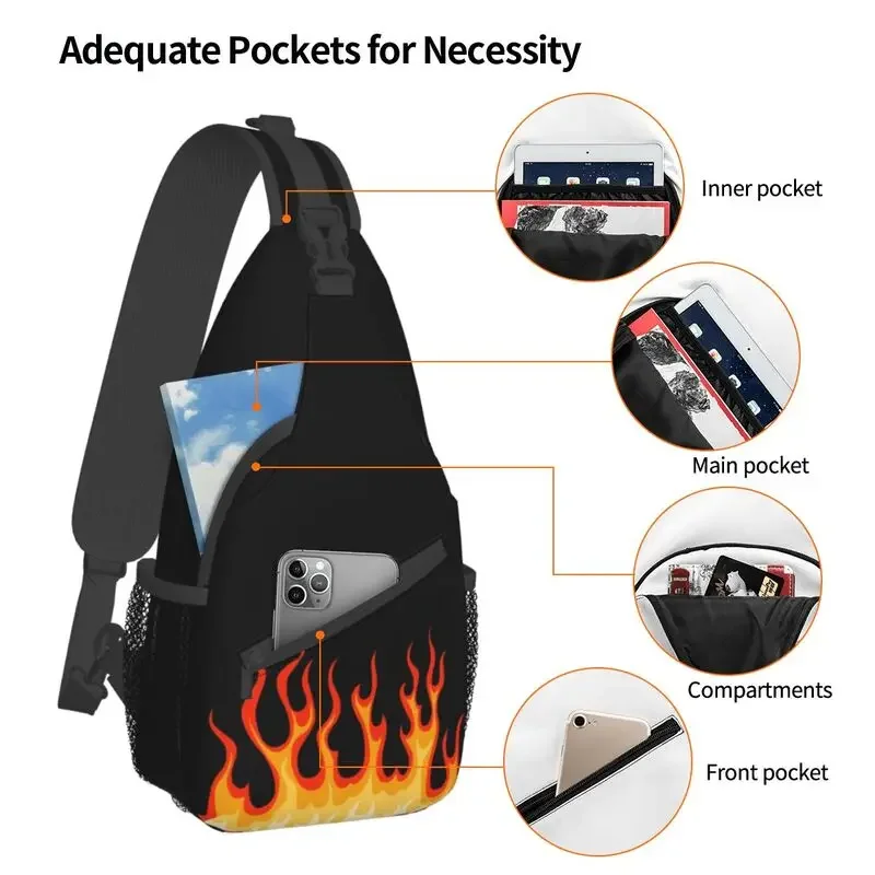 Bolso cruzado de pecho con llamas de carreras clásico rojo personalizado para hombre, mochila informal de hombro con fuego caliente para viajes y ciclismo