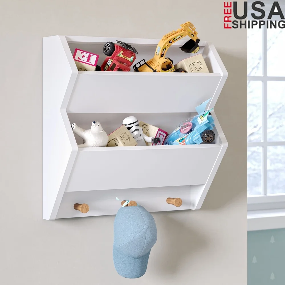 

Kids Wall Bookshelf with Toy Storage Cubbies and Wooden Hooks Ideal Playroom Nursery Organization and Montessori Teaching