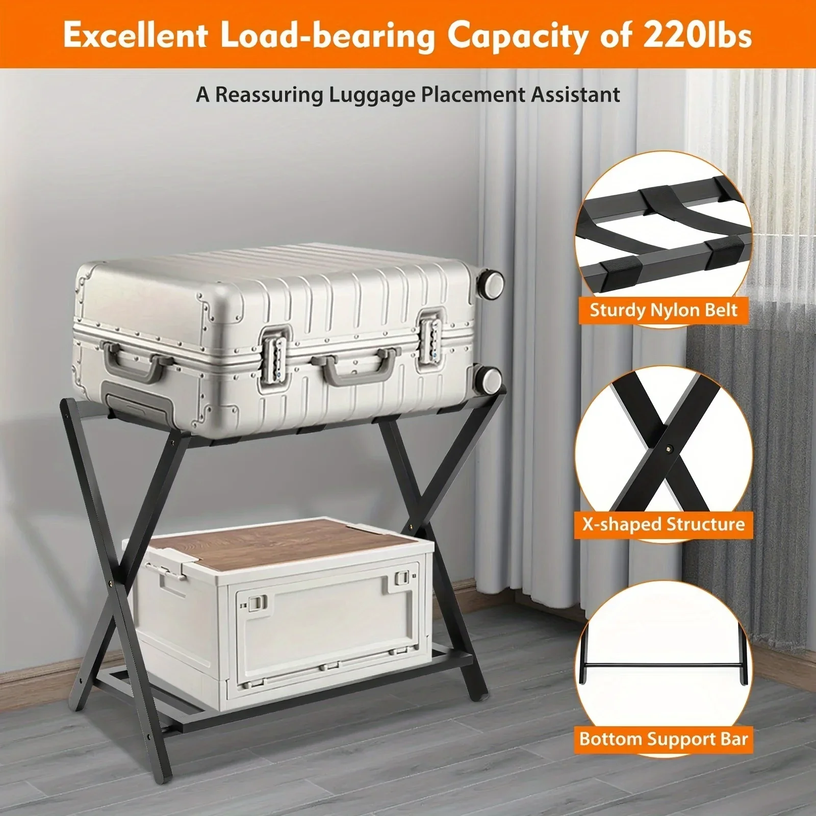 رف تخزين الأمتعة المزدوج رف أمتعة أسود قابل للطي مع رف منظم أحذية السفر وحامل من الخيزران