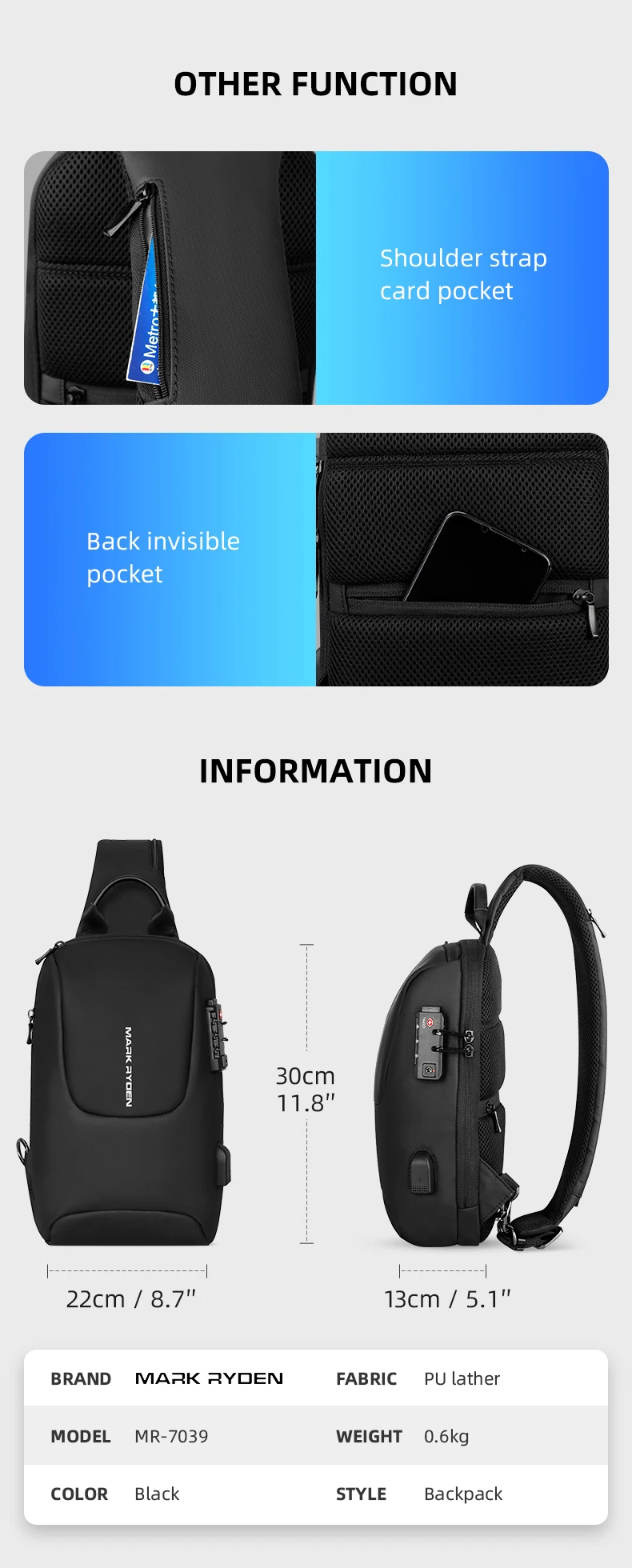 Mark Ryden Schultertasche mit USB TSA-Zollschloss Herren Umhängetasche Brusttaschen für Männer Brusttaschen Herren Schultertasche Crossbody – Detail 6
