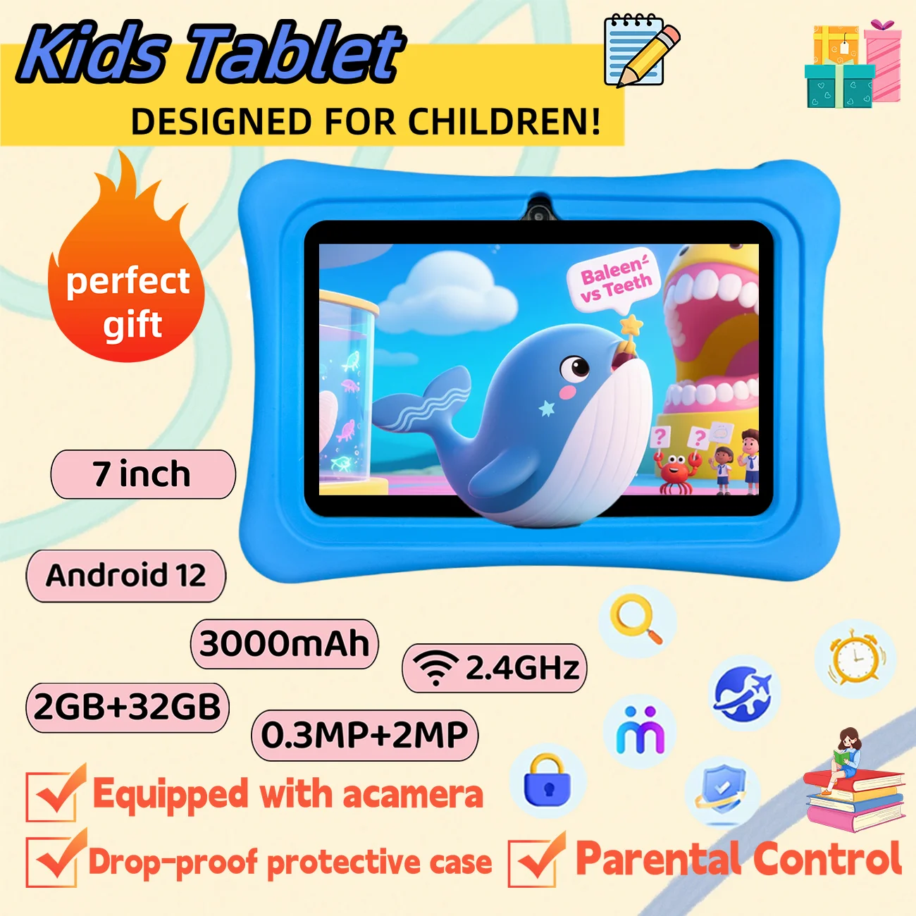 Tablet infantil Android de 7 polegadas com 12 câmeras duplas, projetado para meninos e meninas como aniversário divertido, presentes de Natal