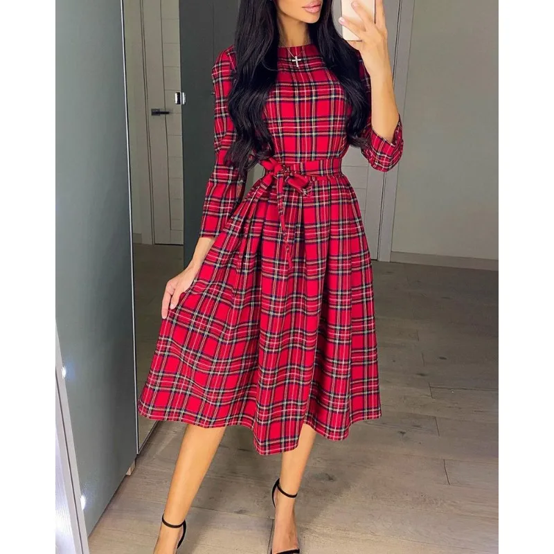 New Women Fashion Plaid Drawstring Slim Fit Dress 2023 Spring Autumn Dress Women Fashion Long Sleeve Round-Neck High Waist Dress