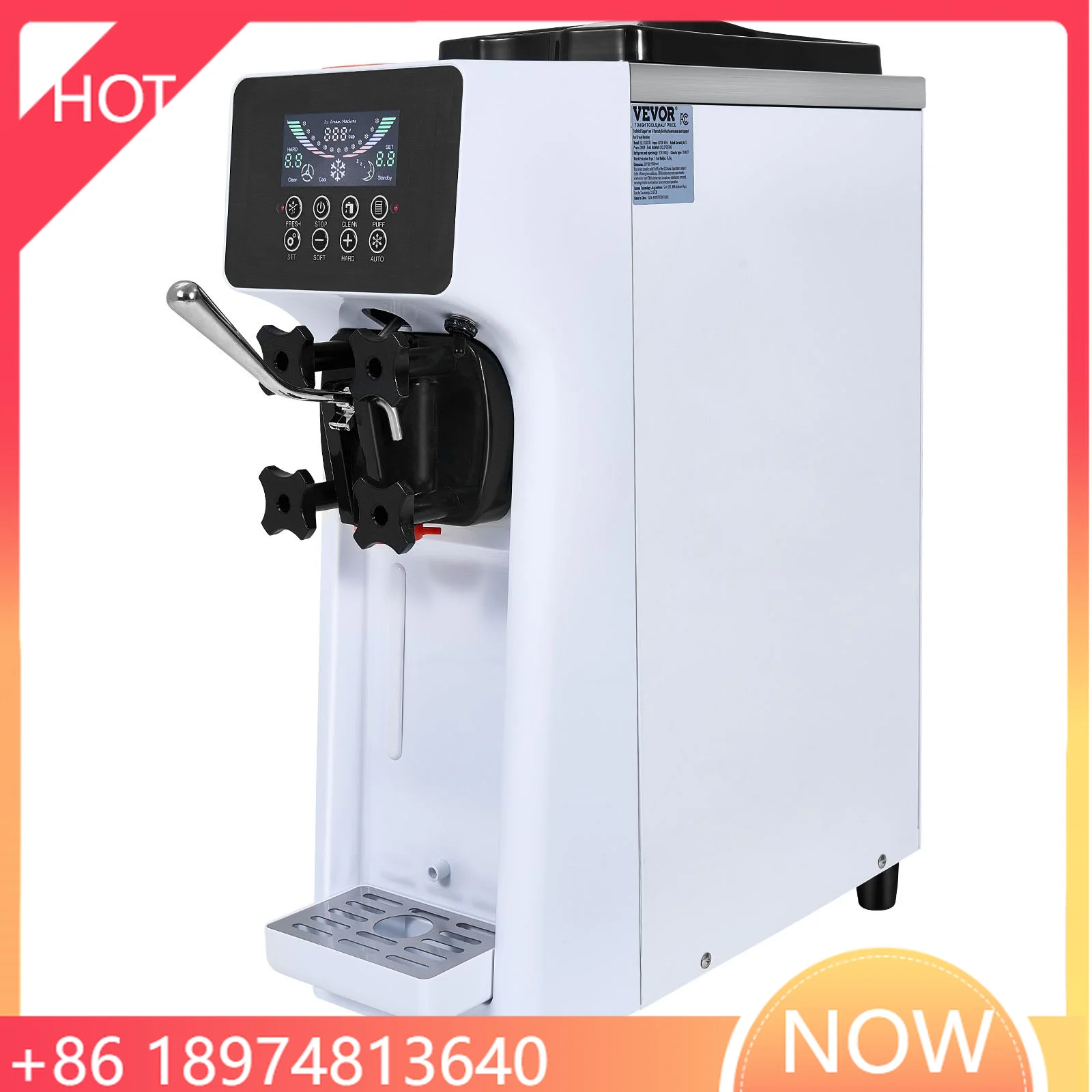 Vevor China Soft Serve Ice Cream Machine Maker 10L/H Yield Single Flavor Countertop