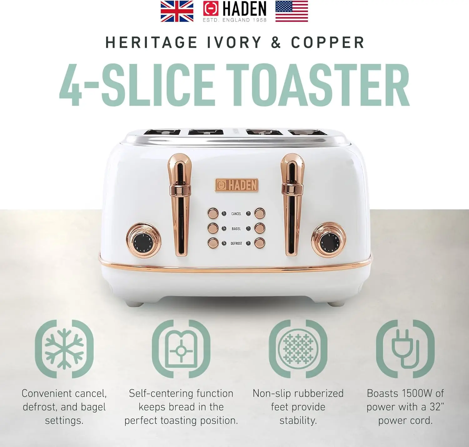 Heritage 4 Scheiben breiter Schlitz Edelstahl Toaster mit einstellbarer Bräunung steuerung & rutsch festen Füßen, Elfenbein & Kupfer