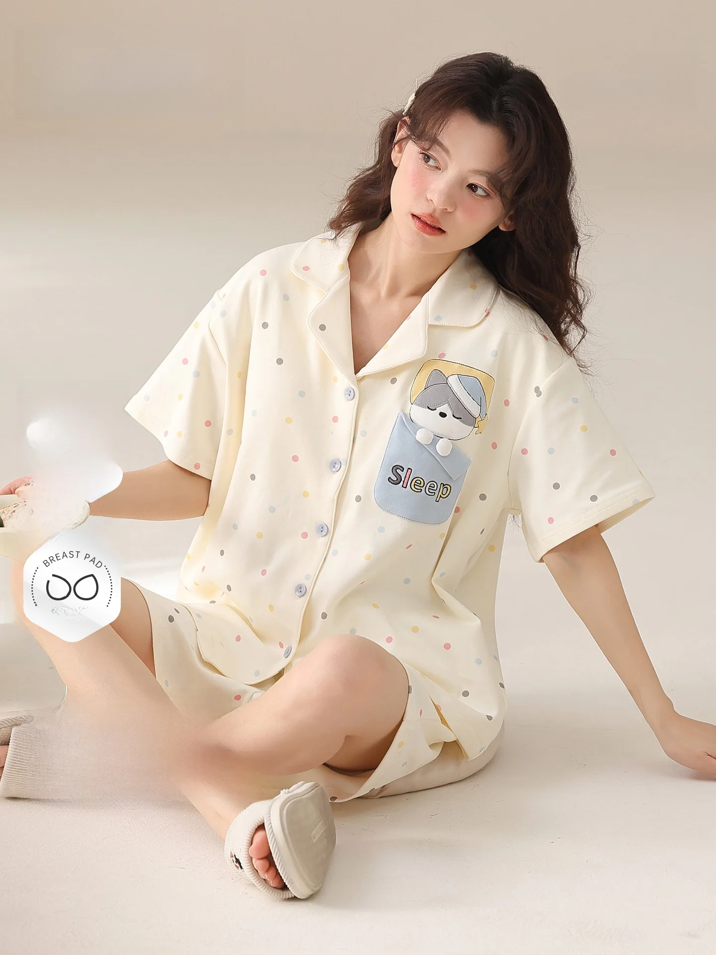 Ladies Cotton Summer Sleepwear Short Sleeve Turn-down Collar Home Clothes Set Beige Two-piece Comfortable Breathable Nightgown