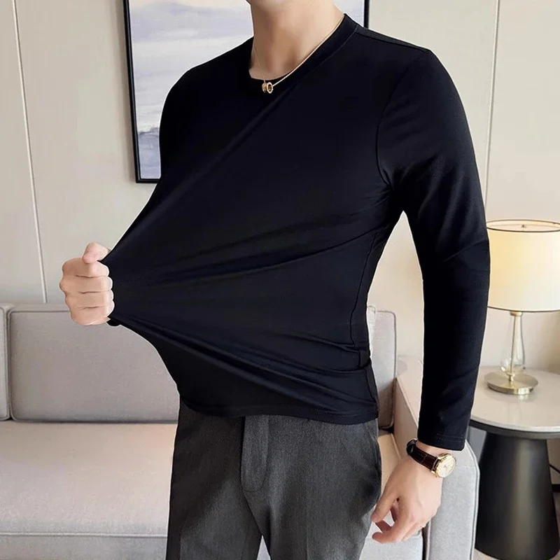 

Autumn Winter Cotton Elastic Men T Shirts Long Sleeved Slim Solid Color Men's T-shirt Plus Size Round-collar Base Tee Shirt 4XL