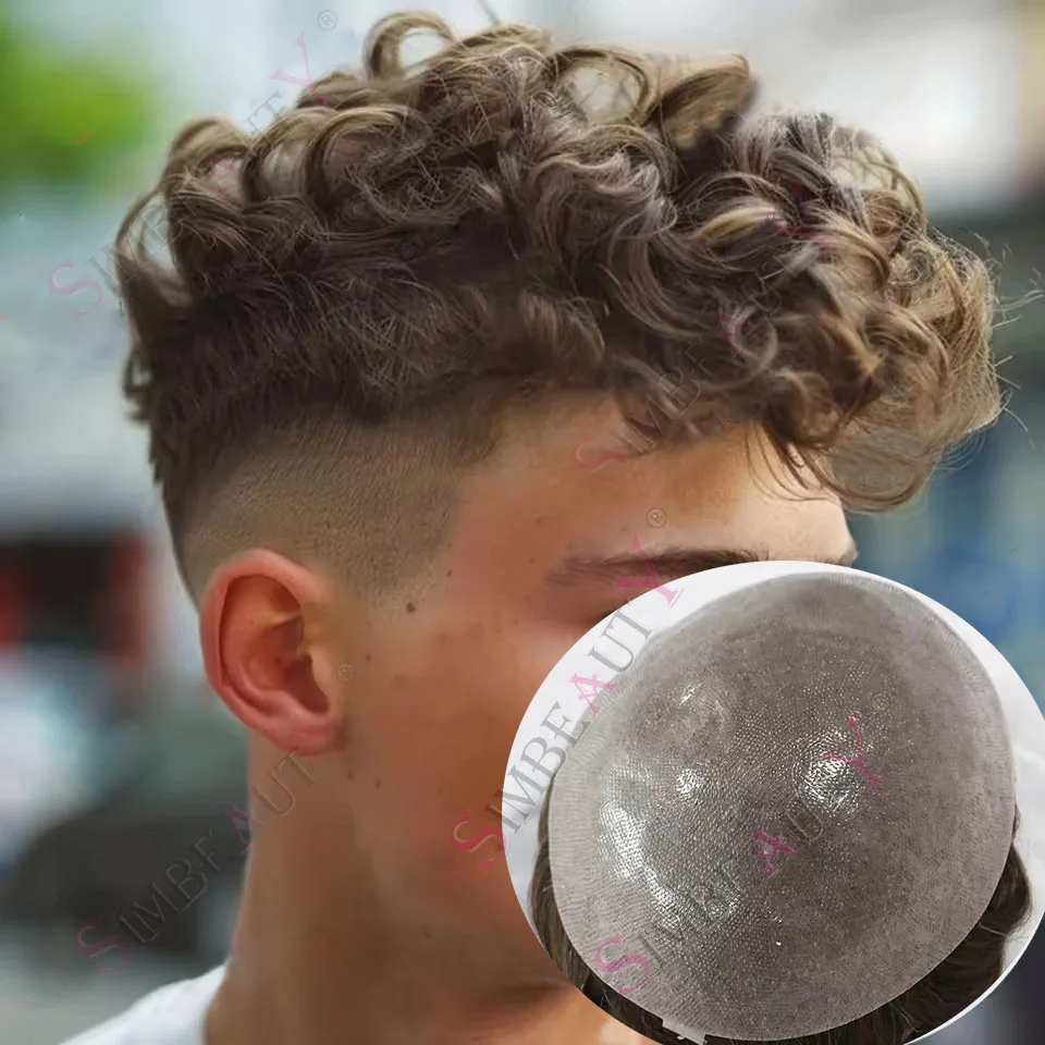 

20mm Curly Ash Blonde Grey 100% Human Hair 0.06mm Ultra Thin Skin Undetectable Men Toupee Natural Hairline Durable Full PU Vloop