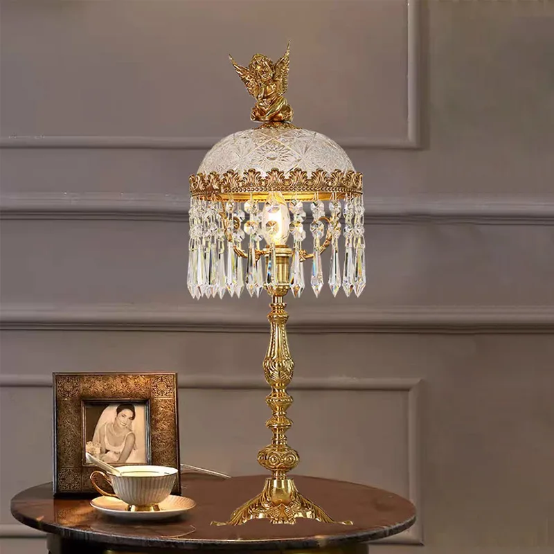 

French retro rococo table lamp antique, crystal glass brass engraved bedroom living room dining room bedside lamp