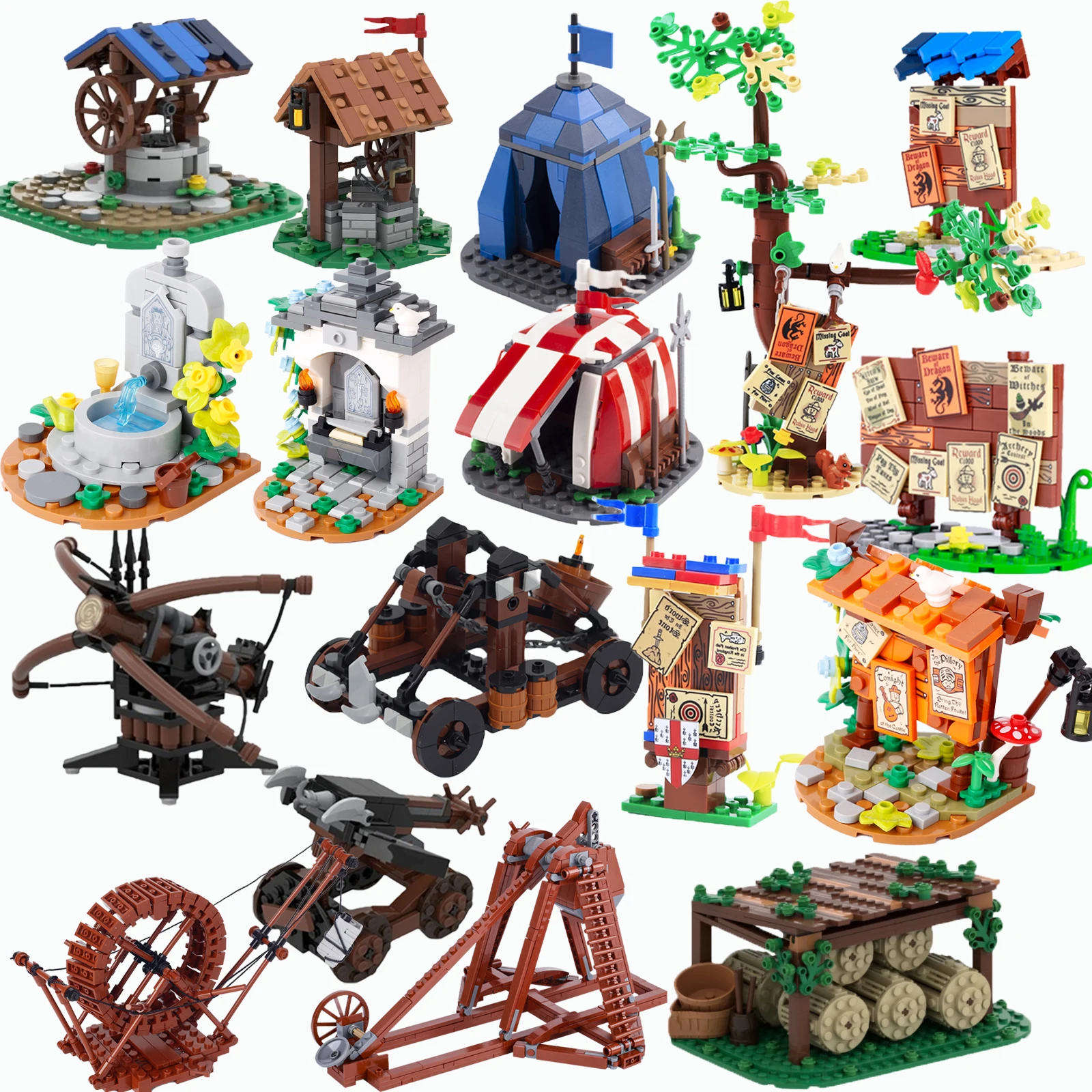 

MOC Castle Building Blocks Set Notice Board Tent Medieval Catapults Fountain well Forage Piles Assembled Brick Toy