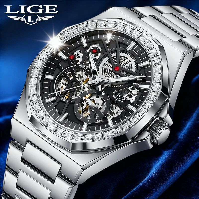 

LIGE Classic Skeleton Watch For Men Luminous Waterproof Hands Mechanical Watches Stainless Steel Strap Luxury Brand Wristwatch