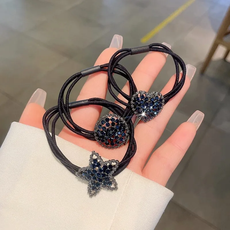 Rhinestone Headband Female Ponytail Strong Hair Rope Headgear Retro Korean Version Simple Rubber Band Leather Case Hair Ring