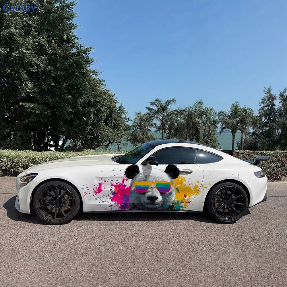 2pcs Cool Sunglasses Panda Car Side Wraps, Self-Adhesive PVC Waterproof & Scratch-Resistant Stickers, Car Accessory Gift