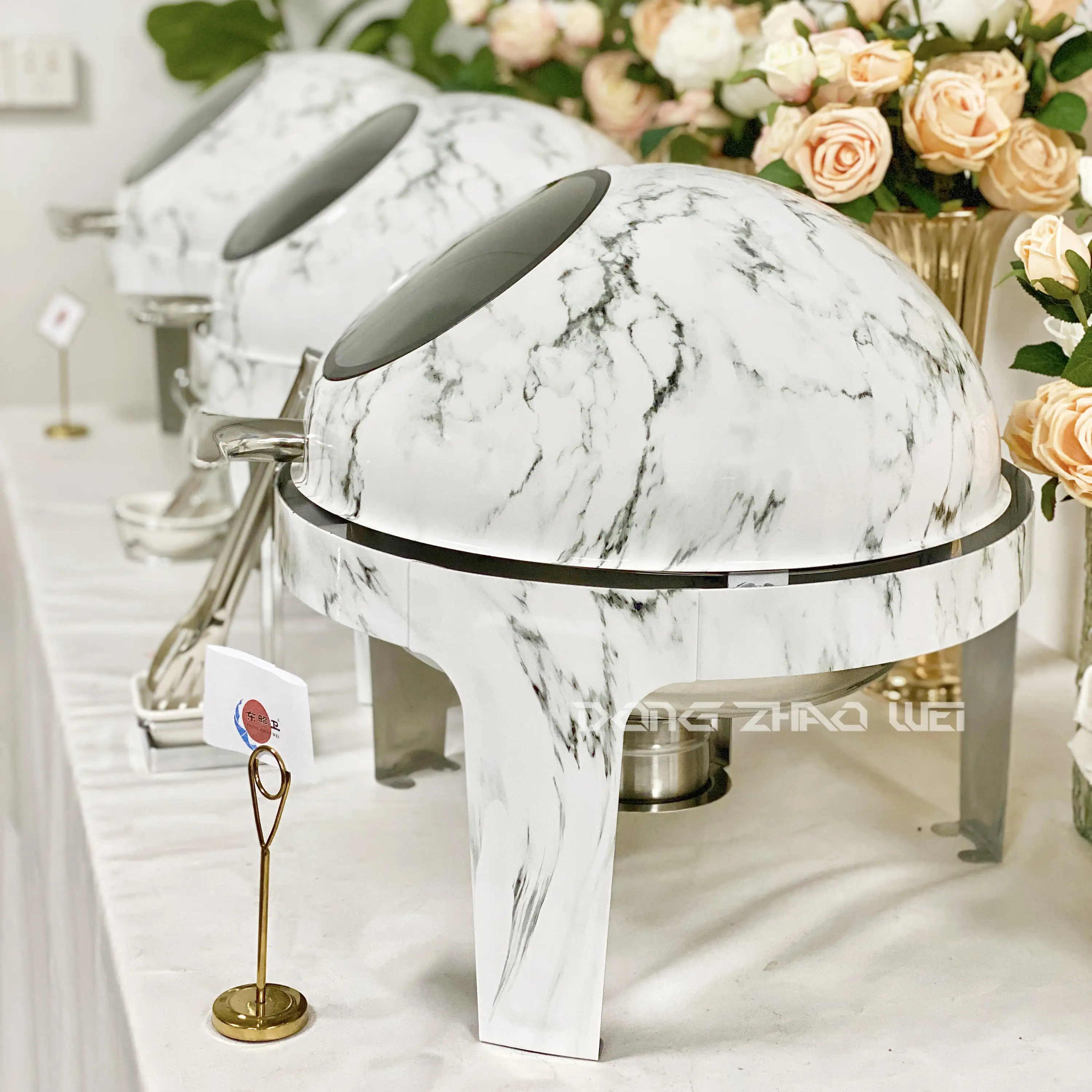Modern stainless steel white buffet plate set, can accommodate 6L, with circular glass windows, suitable for weddings, hotels, r