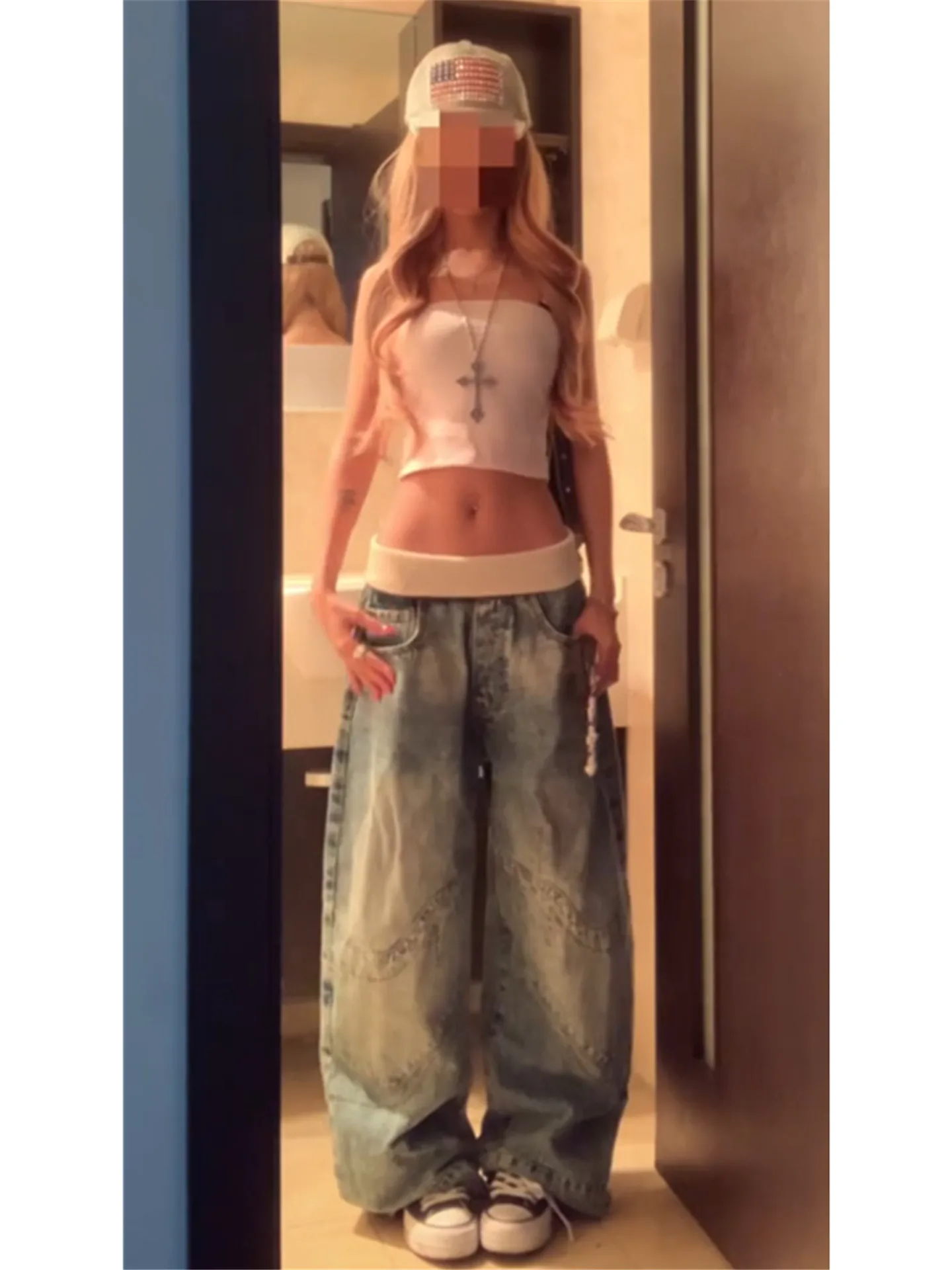 

Sexy Style Embroidered Heavy Duty Low Waist Straight Leg Jeans Women Summer Loose Slimming Patchwork Wide Leg Floor Length Pants