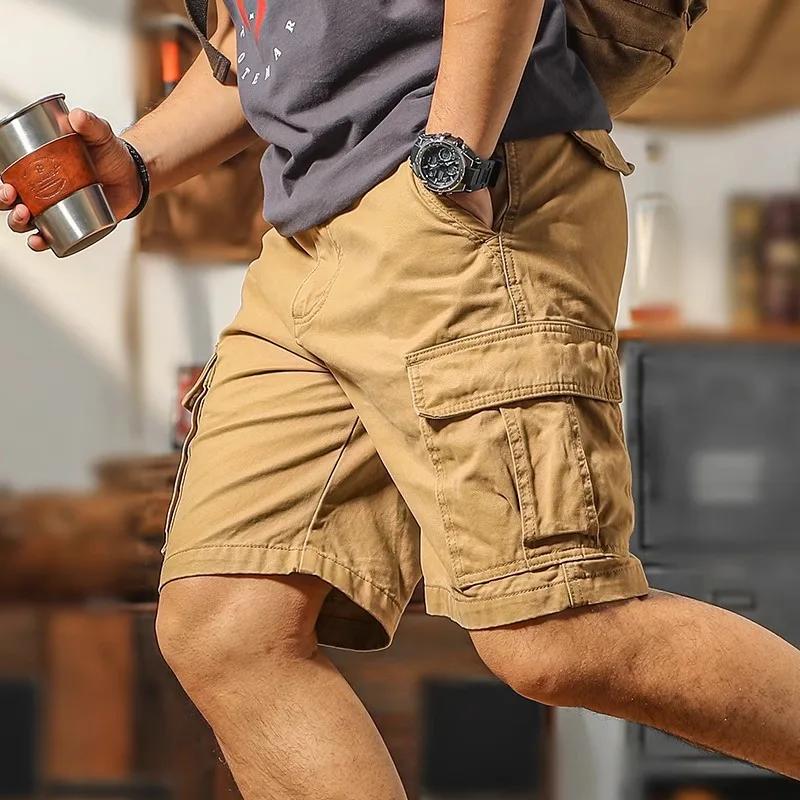 

American Sle Heavyweight Retro Workwear orts Men's High-End Feeling Cool Summer Pure Cotton Multi-ket Five-Quarter Cas...