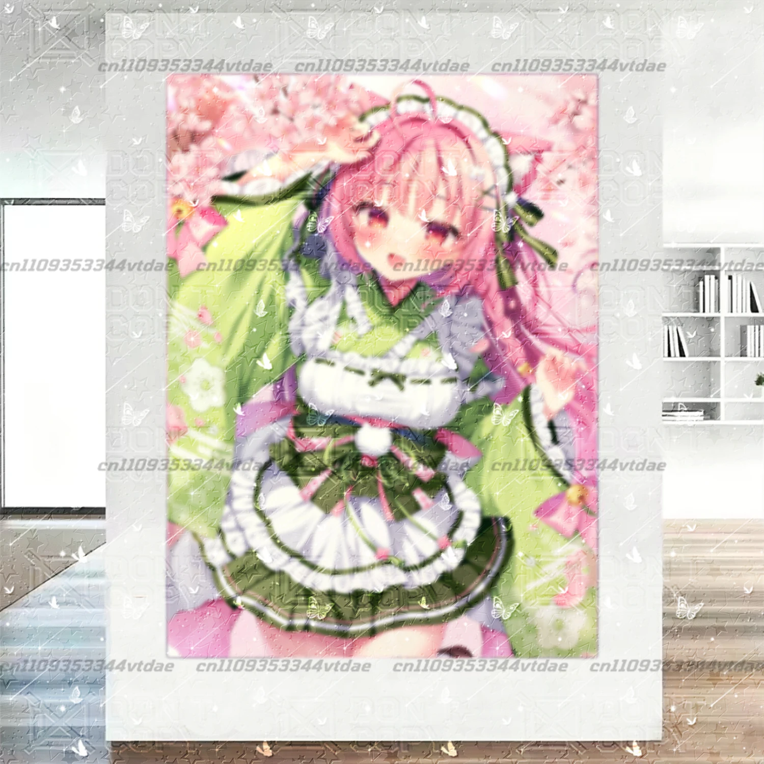 Kawaii Pink Hair Neko Girl Vertical Tapestry, Cute Cat Ear Green Kimono Maid Sakura Anime Wall Hanging Sweetcore Bedroom Decor