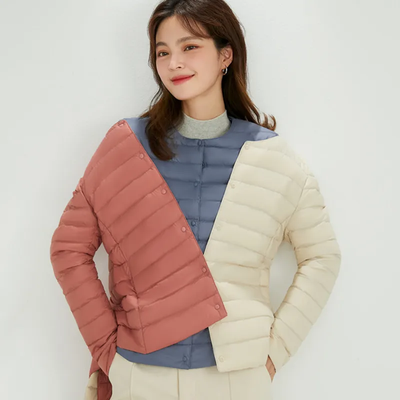 2025 Winter New Down Jacket Women's Lightweight Down Jacket Women's Round Neck Variable V-neck Short Solid Color Down Jacket