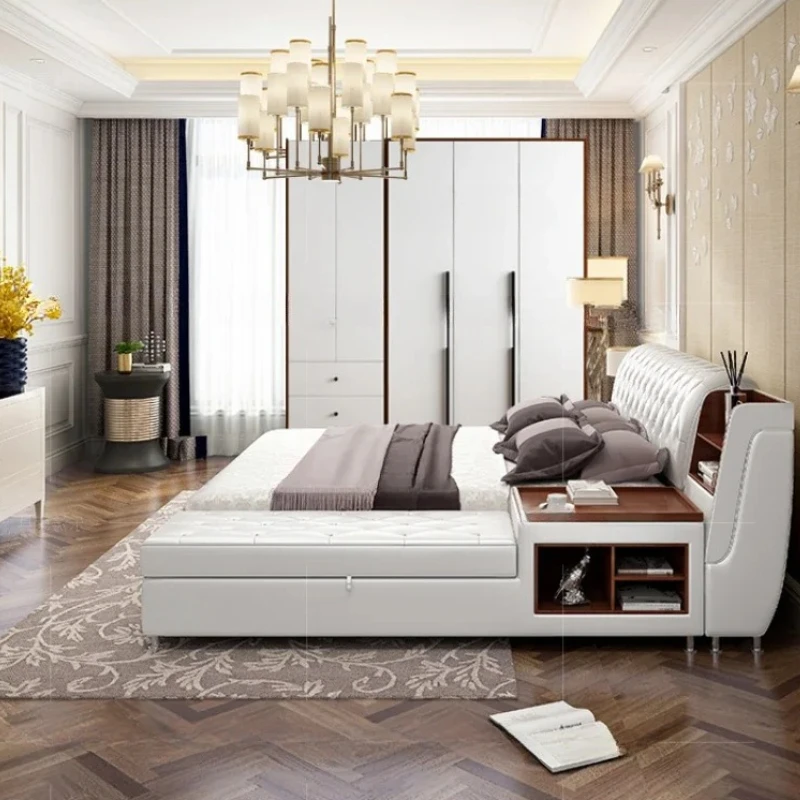 Nordic King Size Frame Bed Aesthetic Master Cheap Princess White Double Bed Leather Multifunctional Cama Casal Room Furniture