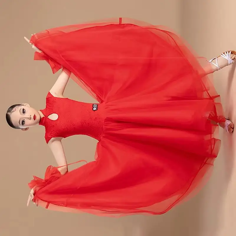 

Dresses National Standard Dancing Costume Red Ballroom Dance Competition Dress Girls Sleeveless Waltz Social Dance