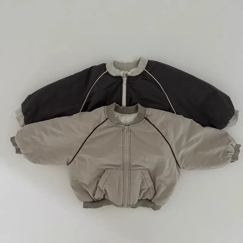 

Childrens Contrasting Cotton Clothes 2025 Winter New Fashionable and Simple Casual Round Neck Long Sleeve Coat