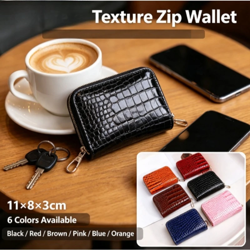 New Arrival Women Crocodile Pattern Solid Color Accordion Card Holder Simple Multi‑Slot Card Sleeve Zipper Coin Purse for Ladies