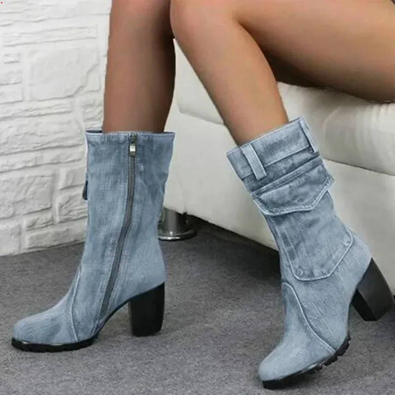 

Pop Cowboy Women's Boots 2024 Autumn And Winter New Pointed Denim Style Casual Temperament High Heels Single Shoes Zapatos De Mu