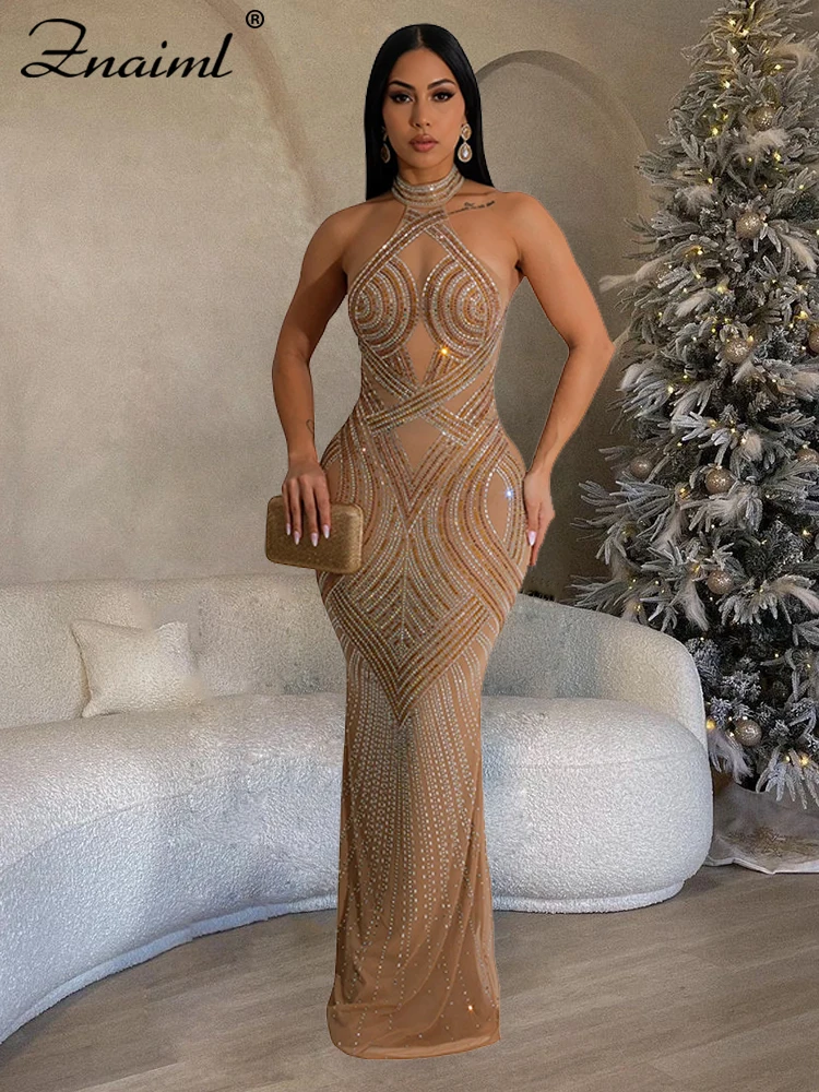 

Znaiml Luxury Women's Nightclub Birthday Mesh See-through Backless Mermaid Diamonds Rhinestone Prom Party Evening Formal Dresses