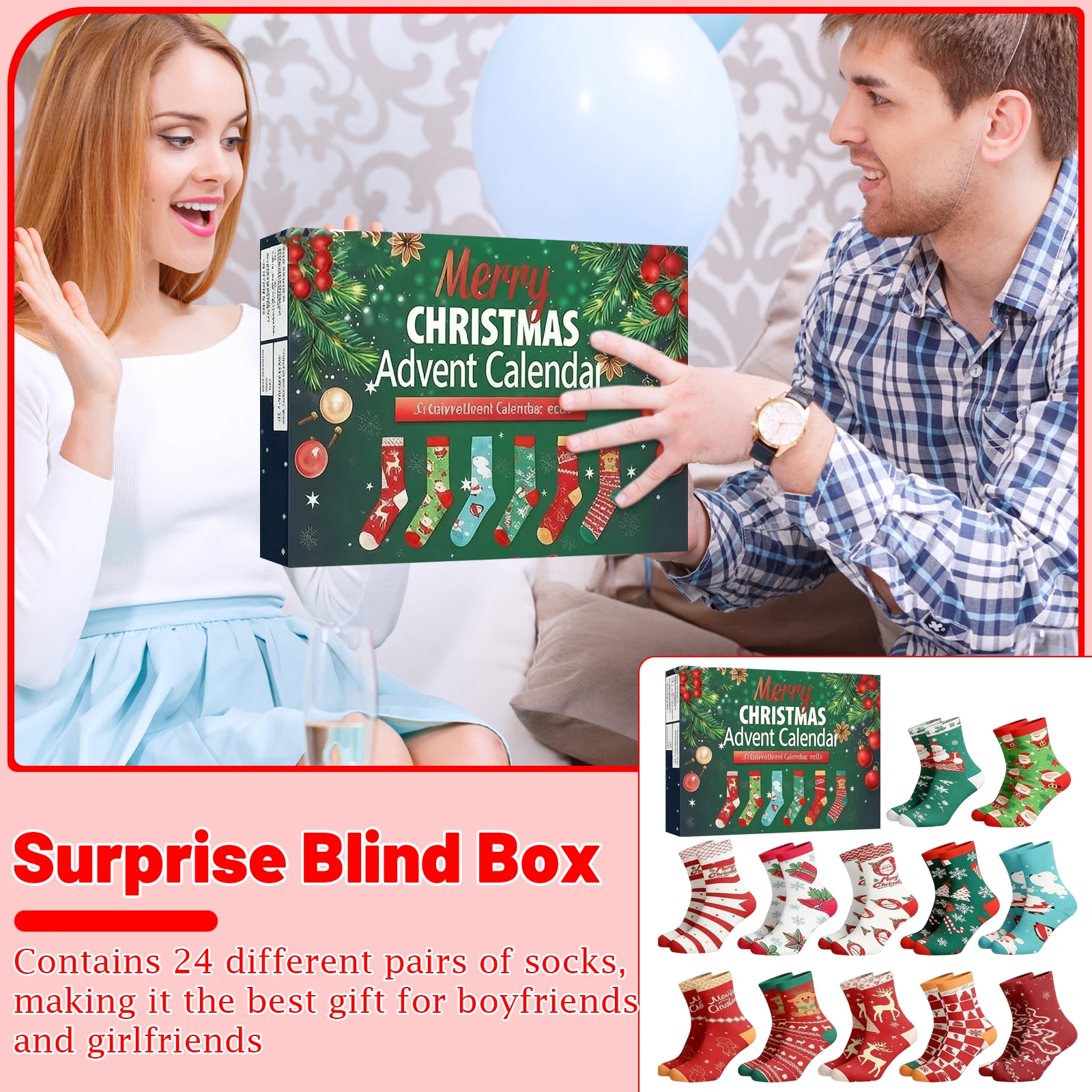 

Рождественская тематическая серия, коробка с календарем, мужские и женские носки для пар, осенне-зимние носки средней длины, календарь обратного отсчета, слепая коробка, подарок