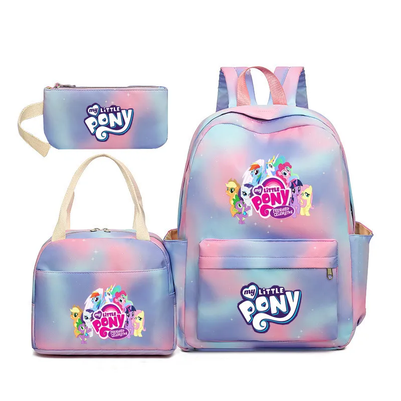 Kawaii Miniso My Little Pony Plecak Gradientowy Kolor Dzieci Trzyczęściowy Zestaw Piękna Moda Anime Figurka Prezent Festiwalowy