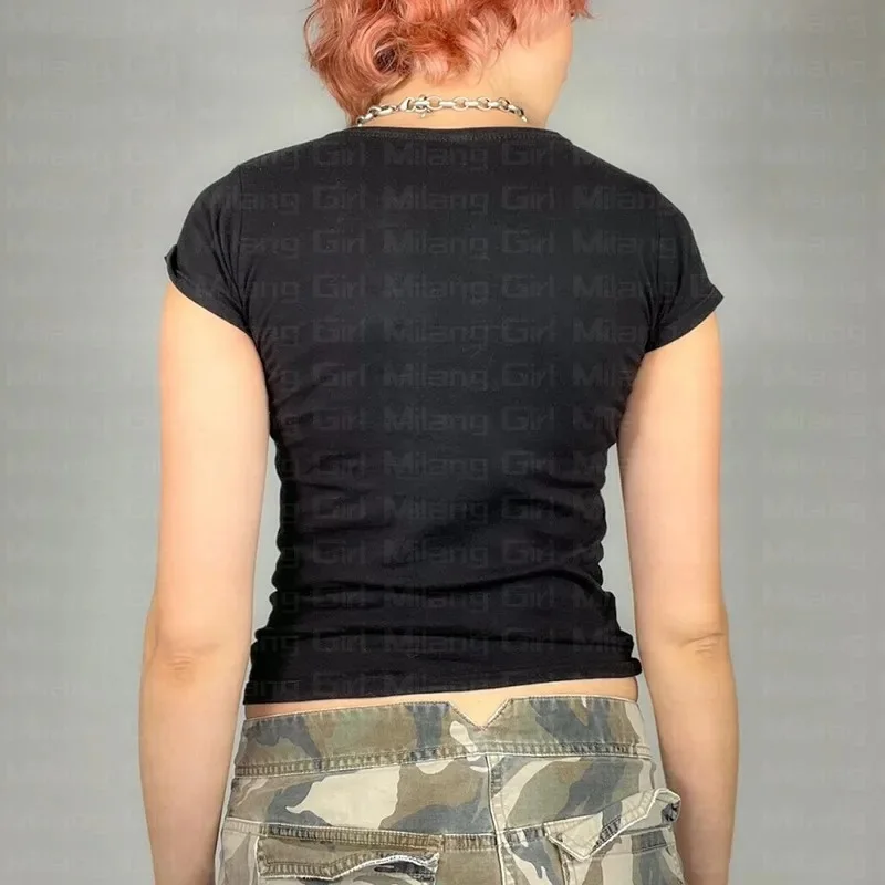 Streetwear Aesthetic Y2k Clothes Gothic Emo Girl Crop Top Grunge Baby Tee Vintage Women Skull Print Casual Short Sleeve T-Shirt