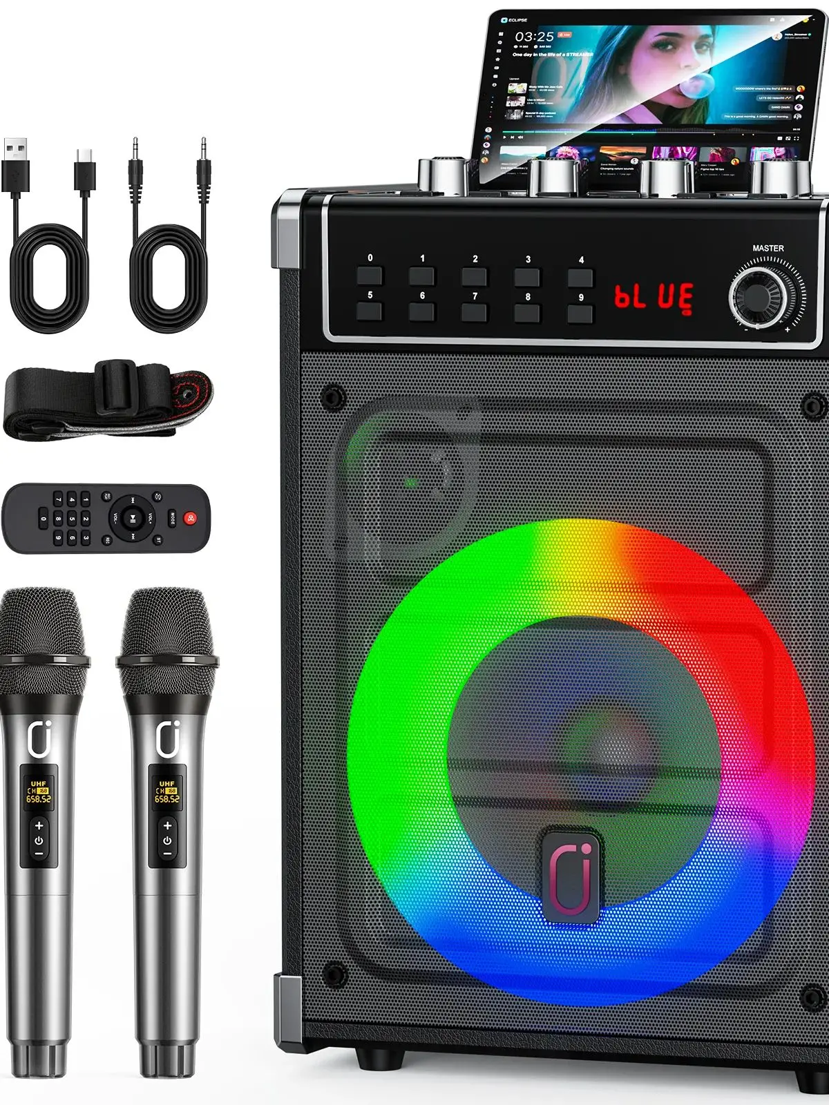 69-black Karaoke-Maschine mit 2 UHF-Funkmikrofonen, Bluetooth-Lautsprecher mit Bass-/Höhenregelung und LED-Licht, PA-System