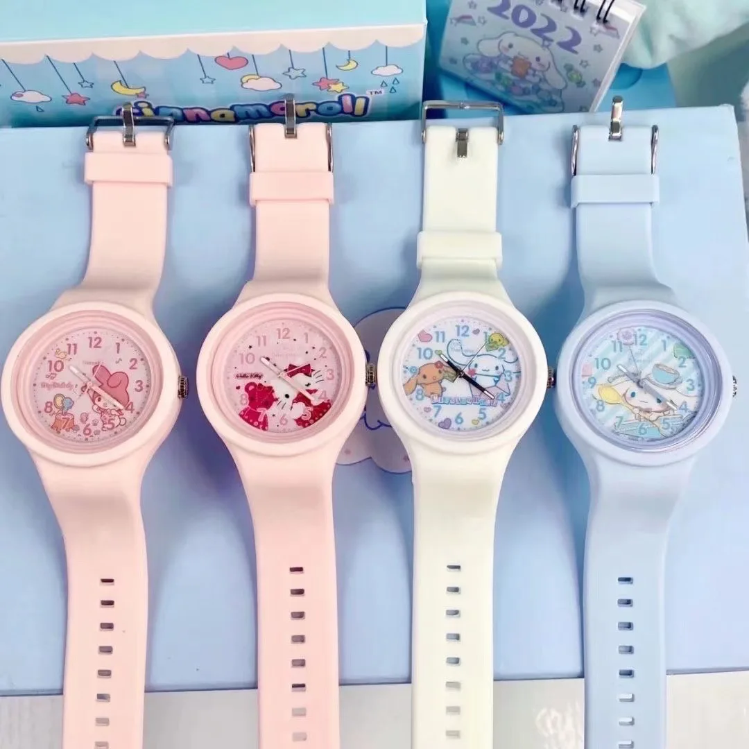 Sanrio Quartz Wristwatch Hello Kitty Girls Watch Kawaii Gifts Melody Kuromi Watches for Kids Silicone Strap Little Twin Stars