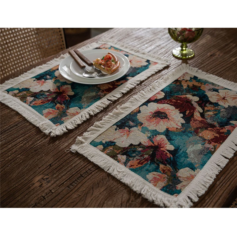 Jacquard Placemats with Tassel For Table Retro America Style Dining Table Mat Cotton Linen Pad Coaster Party Wedding Table Decor