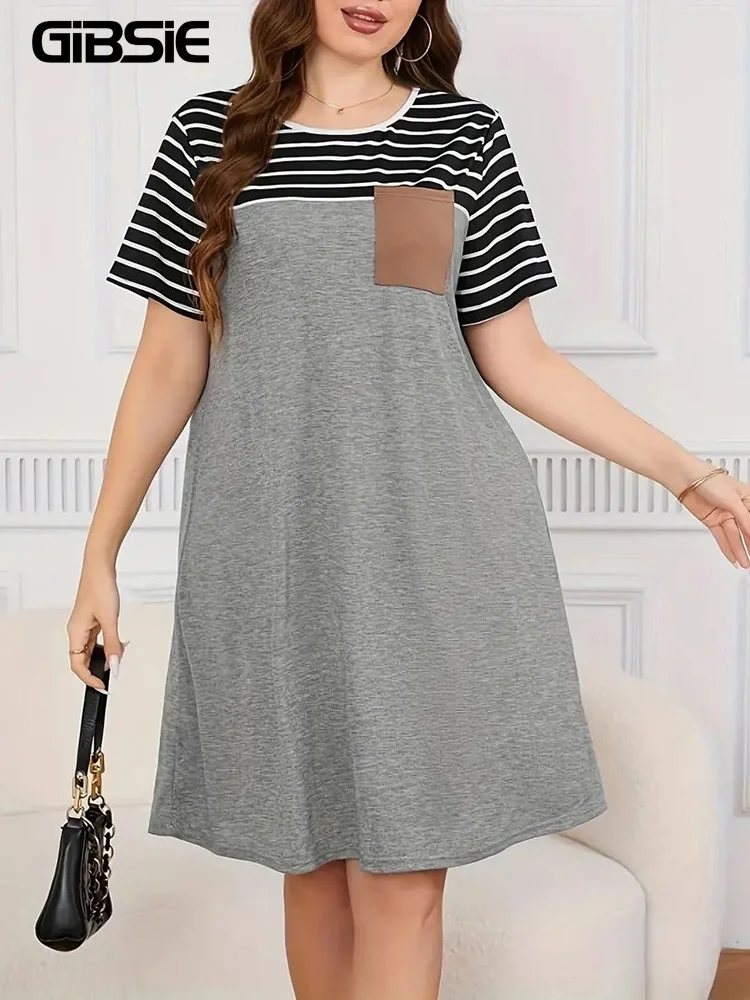 GIBSIE Plus Size Striped Casual Round Neck Short-sleeved Dress Women\'s Summer Tunic Pockets Fashion Loose Mini Dresses 2024 New