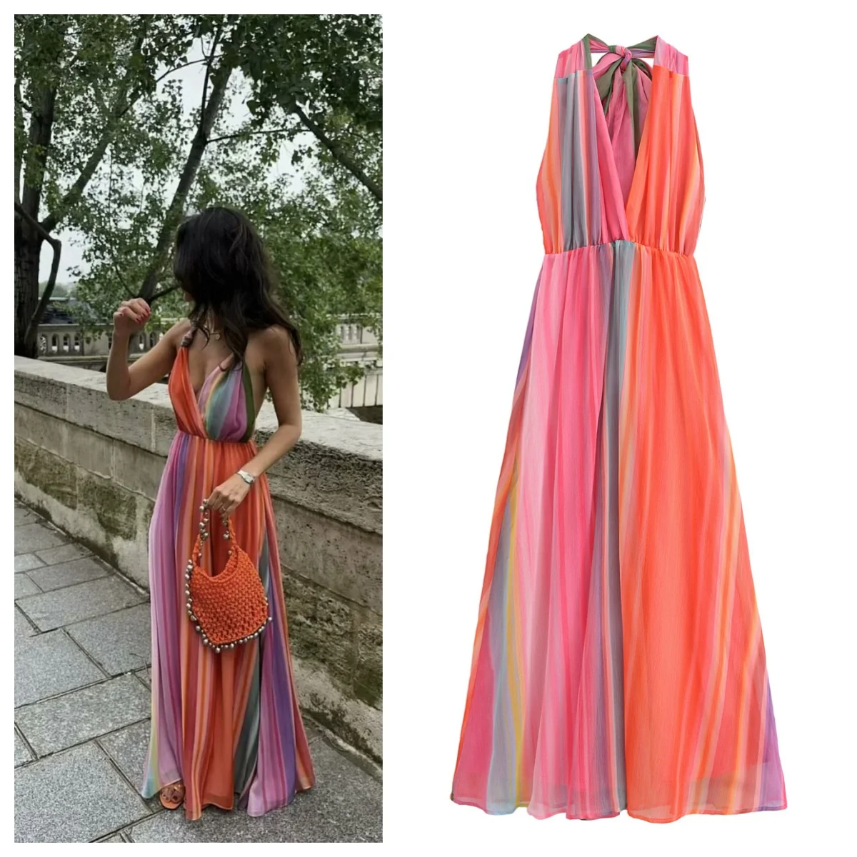 

Summer new holiday style rainbow color halter neck V-neck dress female sexy backless long dress