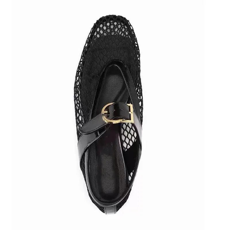 الانزلاق على الباليه الشقق الصنادل شبكة مشبك البغال شبكة صيد السمك أحذية راقصة الباليه النساء أسود أحمر أبيض جلد Sandalias Mujer Verano