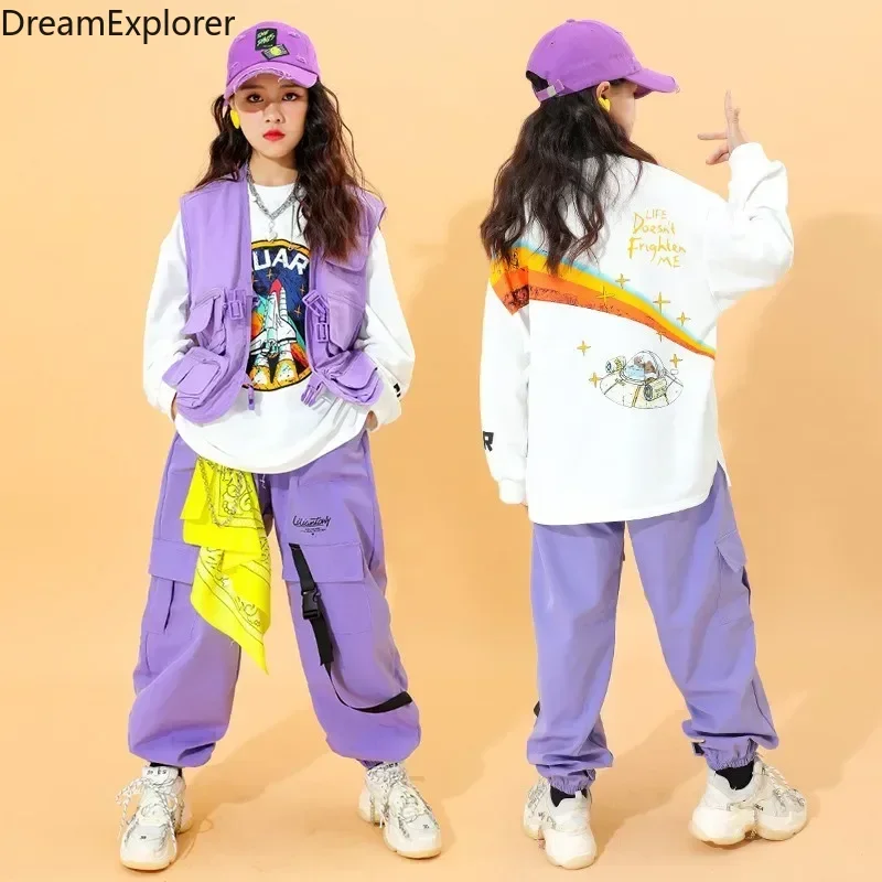Children Hip Hop Purple Vest Cargo Pants Girls Streetwear Boys Street Dance Joggers Kids Jazz Costumes Fashion Clothes Sets
