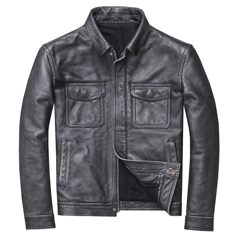 Veste en cuir de vachette véritable pour homme, CombFall, courte, rétro, grill, slim, moto, zones bre, offre spéciale, FCY