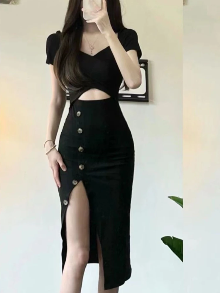 Schwarzes Kleid Frauen unregelmäßigen Schlitz Hotsweet Sommer aushöhlen elegante Bodycon Party Mode Streetwear täglichen All-Match-Urlaub