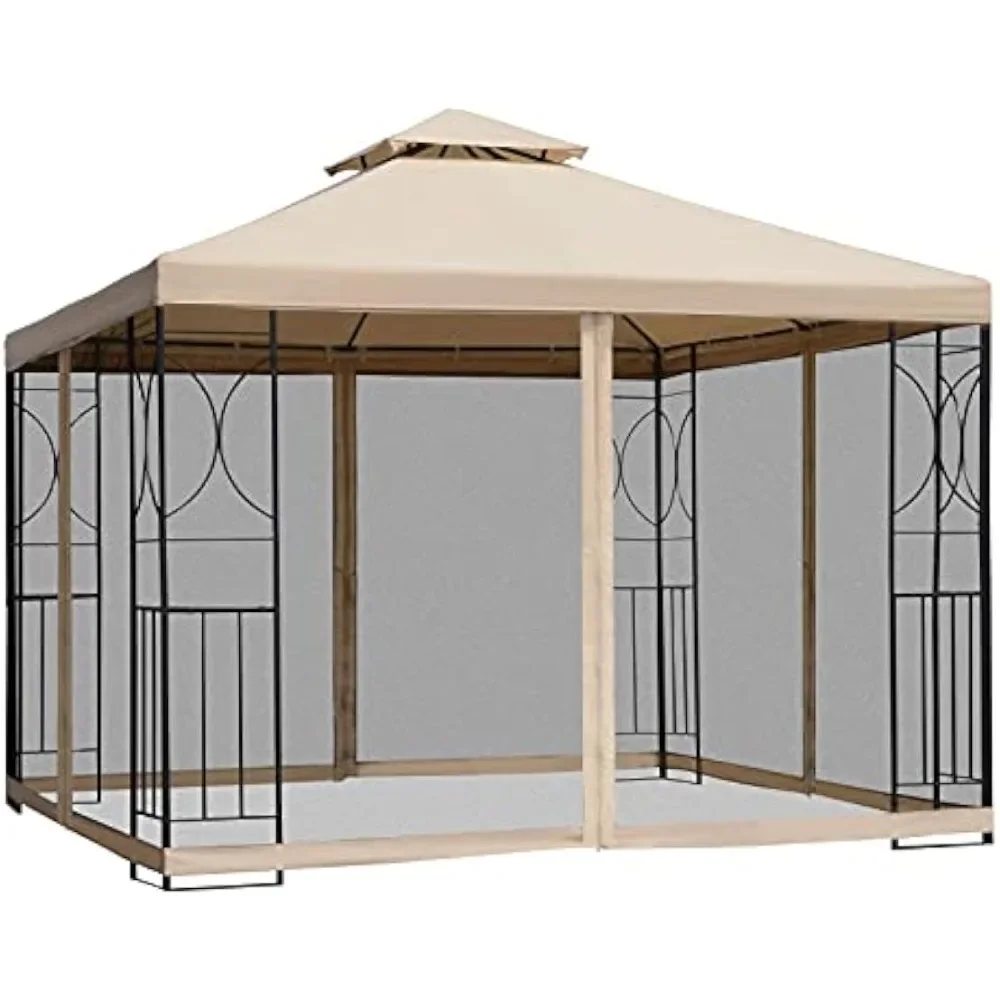 10' x 10' Patio Gazebo with Corner Shelves, Outdoor Gazebo Canopy Shelter with Netting, and Vented Roof, for Garden, Lawn