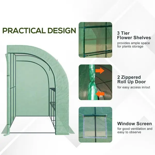 

10' x 5' x 7' Lean to Greenhouse, Walk-In Green House, Plant Nursery with 2 Roll-up Doors and Windows, PE Cover and 3 Wire Shelv