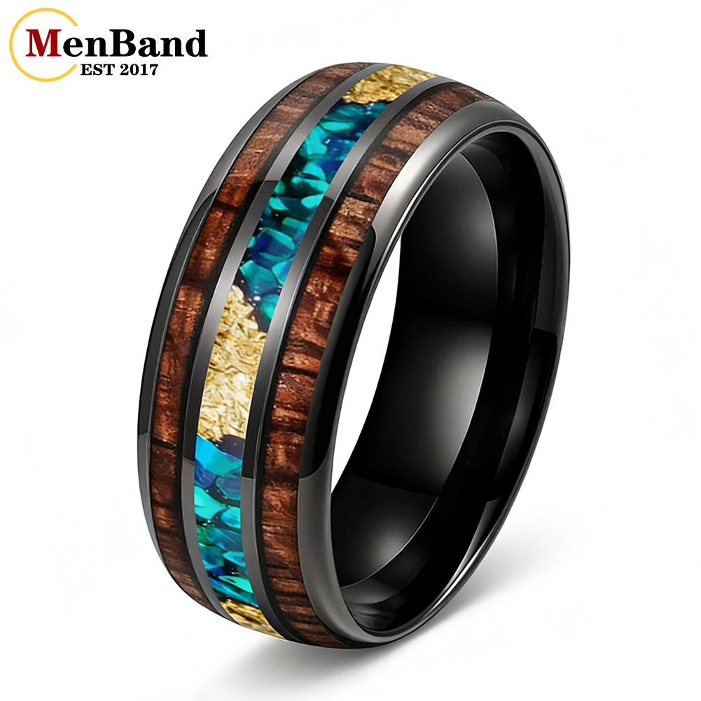 

MenBand 8MM Tungsten Carbide Ring Inlaid Hawaiian Koa Wood Tungsten Rings of Opal Gold Foil Wedding Band Comfortable Fit