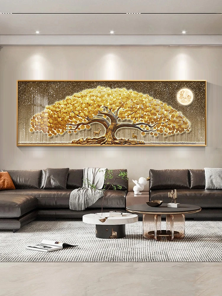 The living room is decorated with modern backgrounds and grand high-end mural lights, symbolizing the auspicious tree