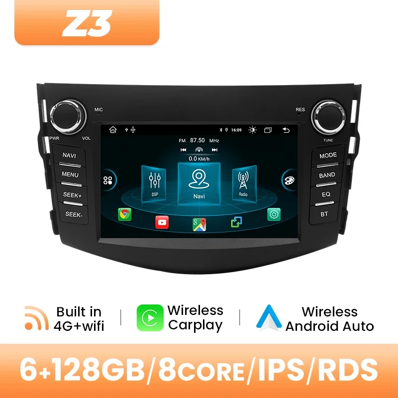 Android 14 autoradio voor Toyota RAV4 2006-2012, draadloze CarPlay, 4G Wifi, 8+128GB, GPS navigatie, DSP, RDS, plug-and-play